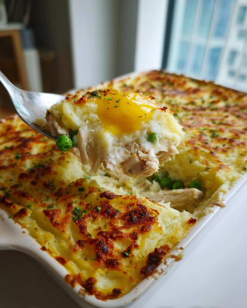 Easy Chicken Shepherds Pie Recipe: Ditch Lamb, It's Divine 7 Spoonful of easy chicken shepherds pie with mashed potato topping, chicken filling, and peas.