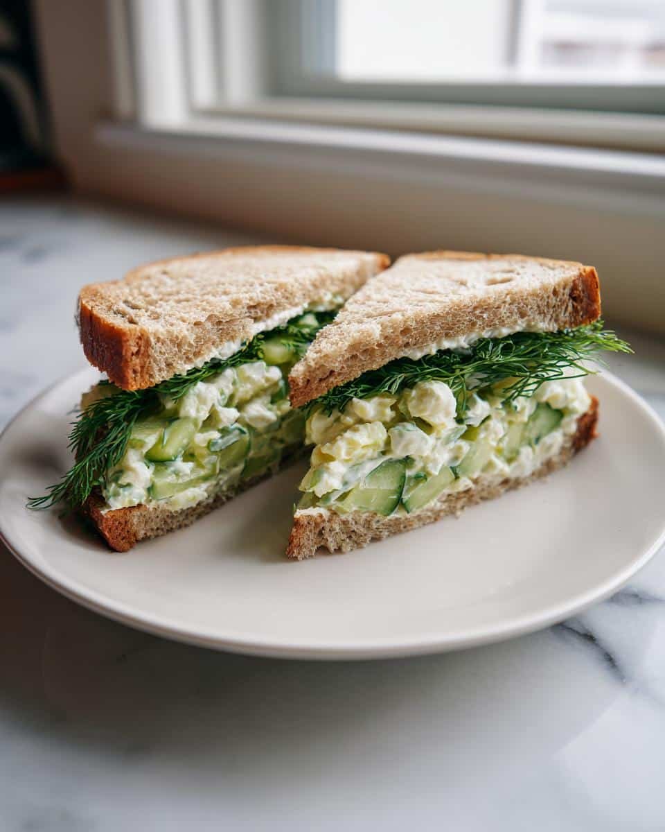 Easy Cucumber Salad Sandwiches: 5 Blissful Steps 6 Two halves of an Easy Cucumber Salad Sandwich with dill on whole wheat bread, presented on a white plate.