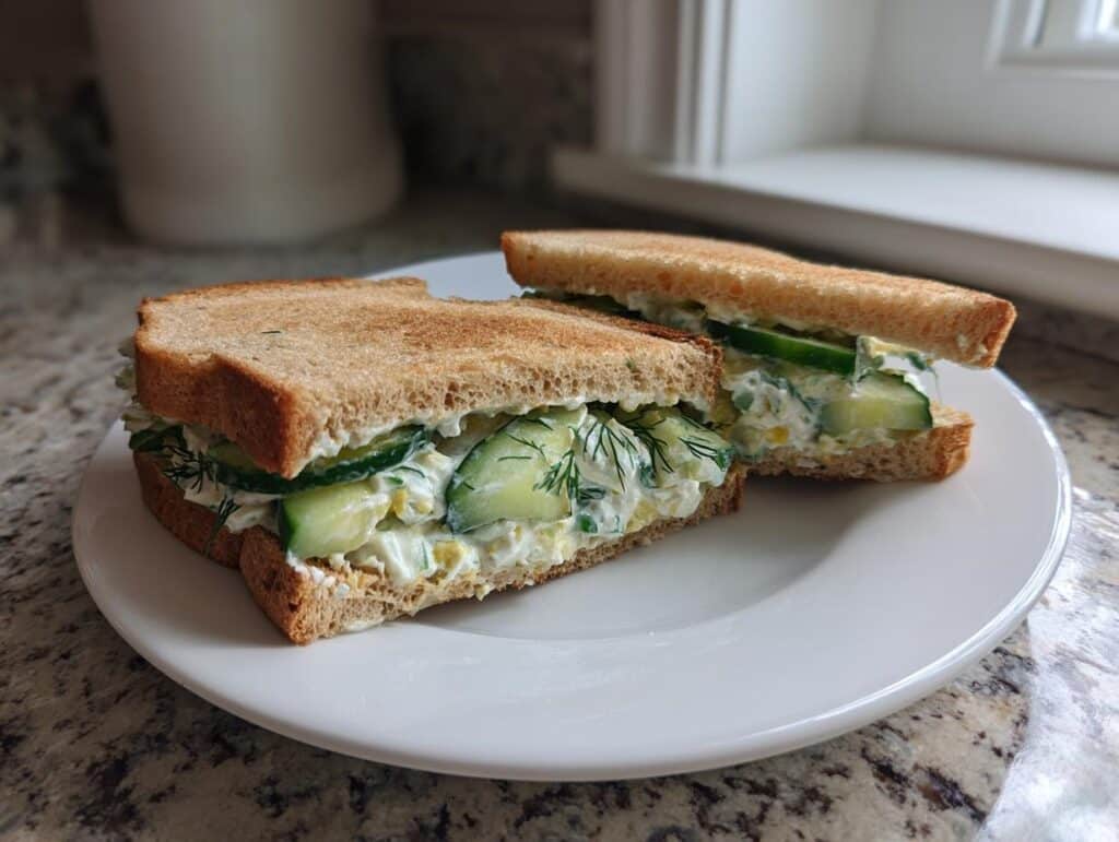 Two Easy Cucumber Salad Sandwiches on whole wheat bread, plated and ready to eat.