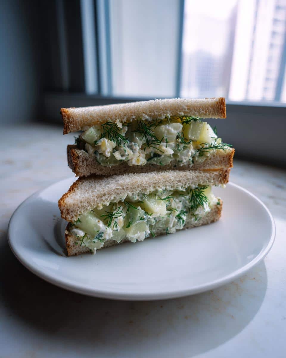 Easy Cucumber Salad Sandwiches: 5 Blissful Steps 8 Two halves of an Easy Cucumber Salad Sandwich stacked on a white plate, showing the creamy cucumber filling.