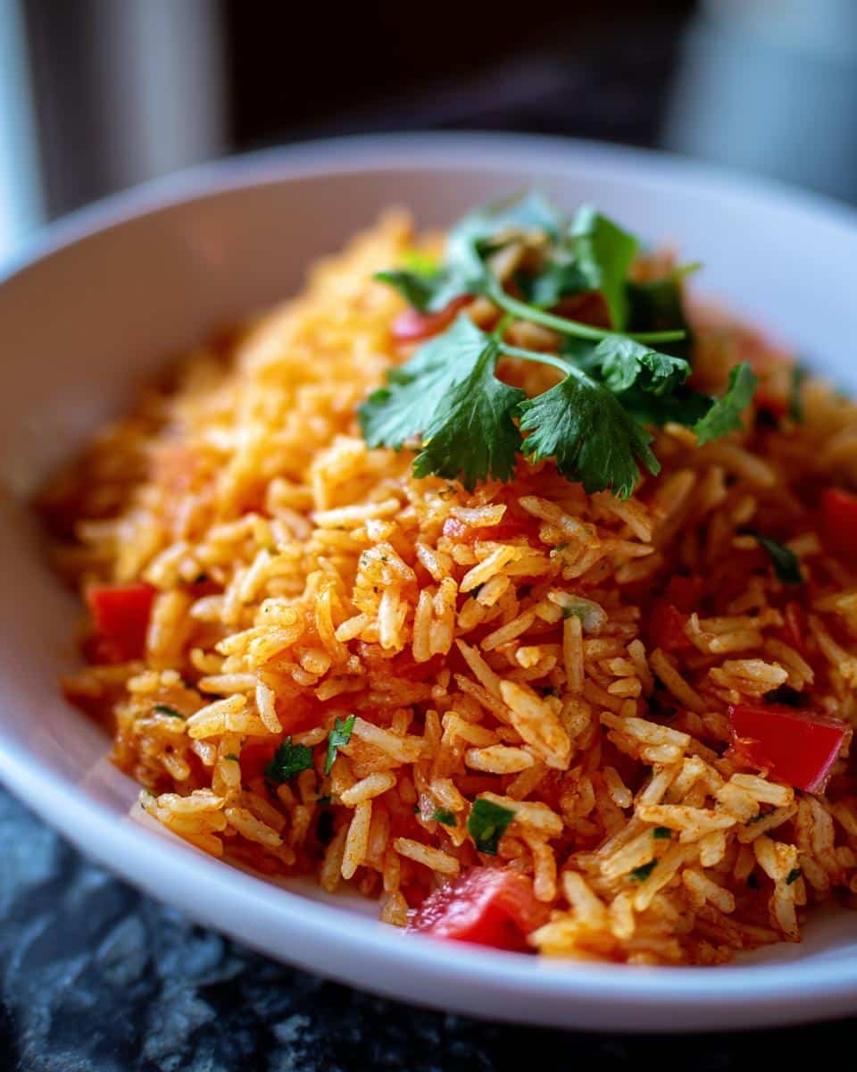 Easy Mexican Rice Recipe: 30-Minute Flavor Win 8 Close-up of a bowl of easy Mexican rice recipe, garnished with cilantro and diced red peppers.