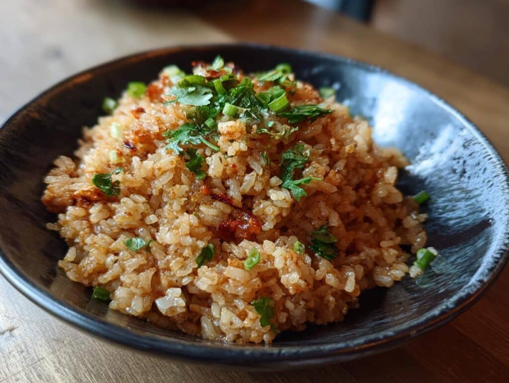 A bowl of easy Mexican rice recipe, garnished with fresh cilantro and green onions.