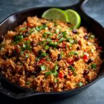 A skillet filled with easy Mexican rice recipe simple, black beans, red peppers, cilantro, and lime wedges.