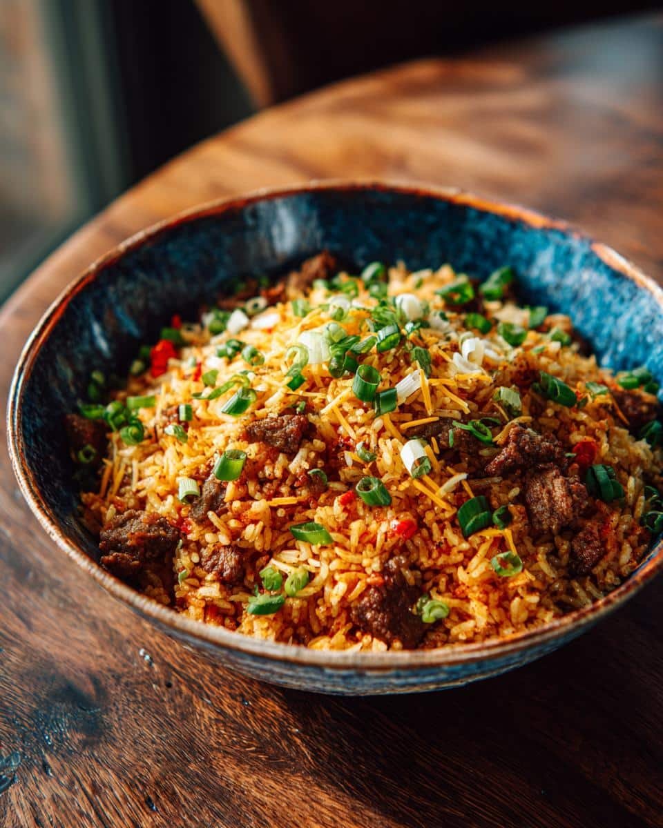 Easy Mexican Rice Recipe Simple: Foolproof in 25 Minutes 9 A bowl of easy Mexican rice recipe simple, garnished with green onions and cheese on a wooden table.