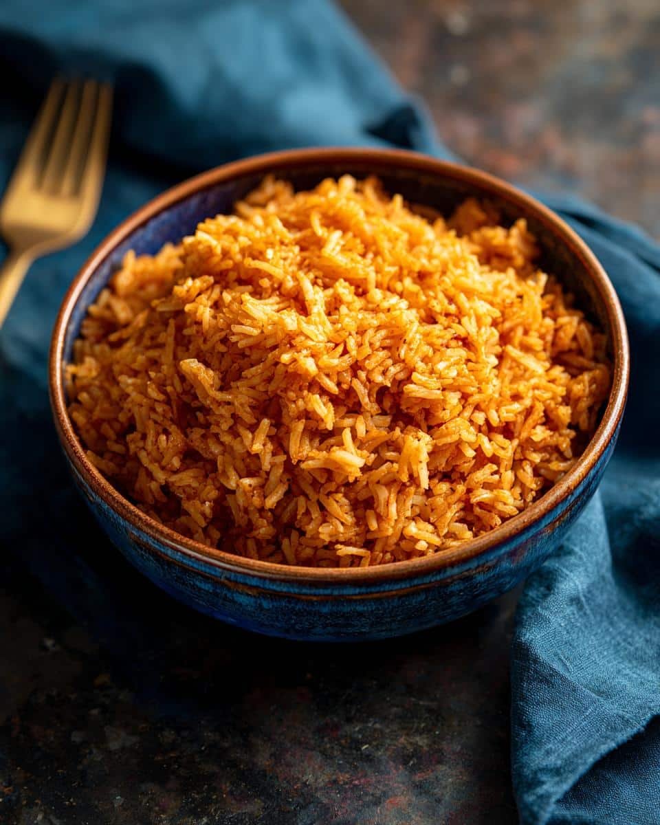 Easy Mexican Rice Recipe Simple: Foolproof in 25 Minutes 6 A bowl of flavorful easy mexican rice recipe simple, served in a blue ceramic bowl with a gold fork.