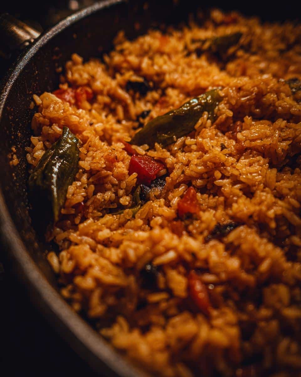 Easy Mexican Rice Recipe Simple: Foolproof in 25 Minutes 8 Close-up of easy Mexican rice recipe simple in a skillet, featuring rice, tomatoes, and green peppers.