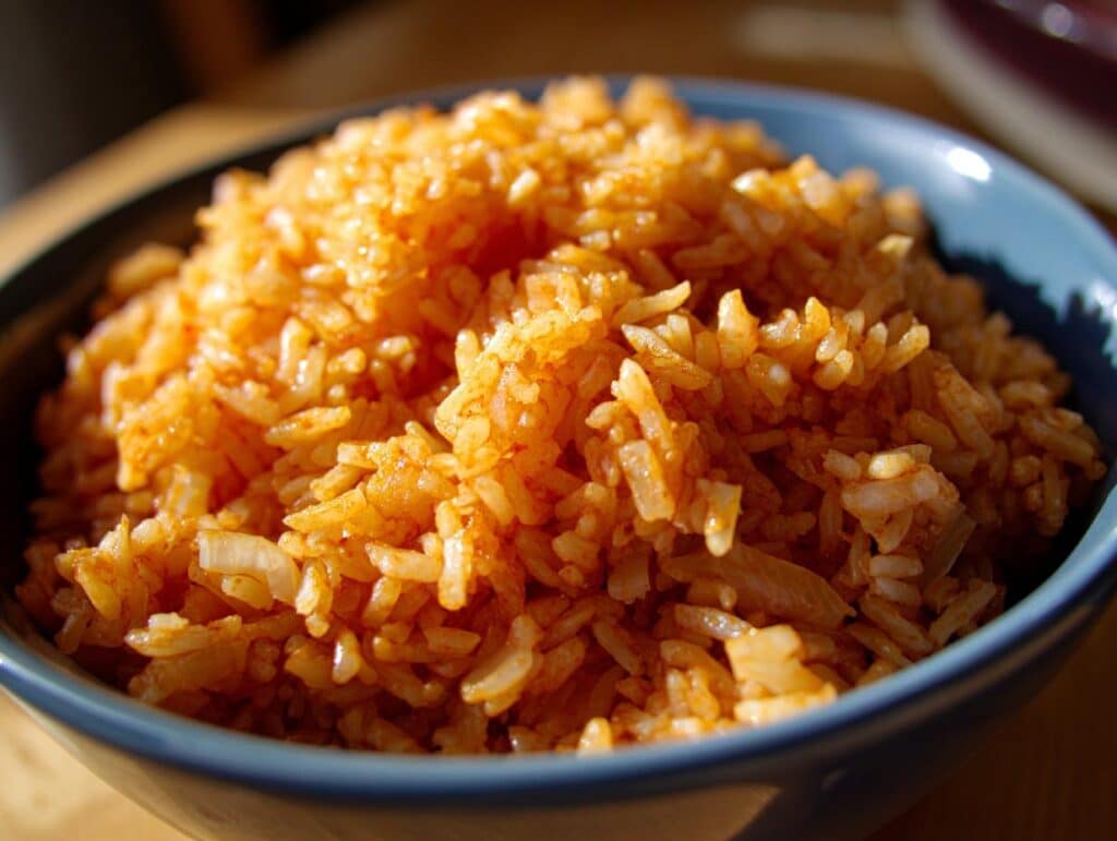Bowl of vibrant, fluffy easy Mexican rice in a rice cooker, ready to serve.