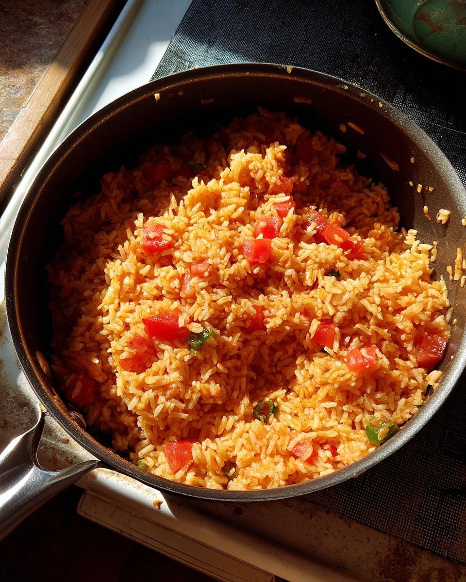 Devastatingly Easy Mexican Rice with Rotel in 30 Minutes 8 Overhead shot of easy Mexican rice with Rotel in a skillet, showing rice and diced tomatoes.