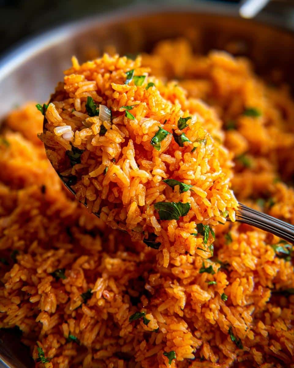 Easy Mexican Rice in a Rice Cooker: 30 Min & Fail-Proof 7 Close-up of a spoonful of easy mexican rice, garnished with cilantro, ready to serve.