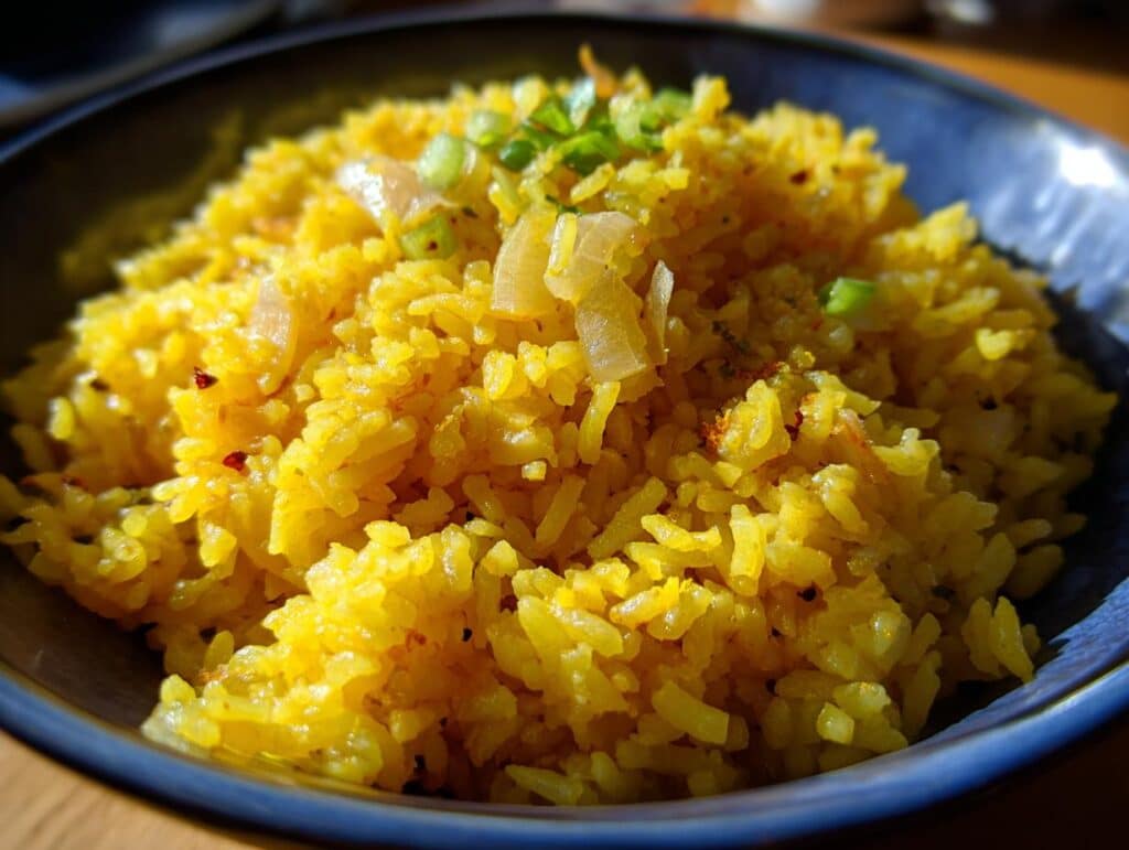 A bowl of vibrant yellow easy mexican rice without tomato sauce, garnished with onions and green onions.