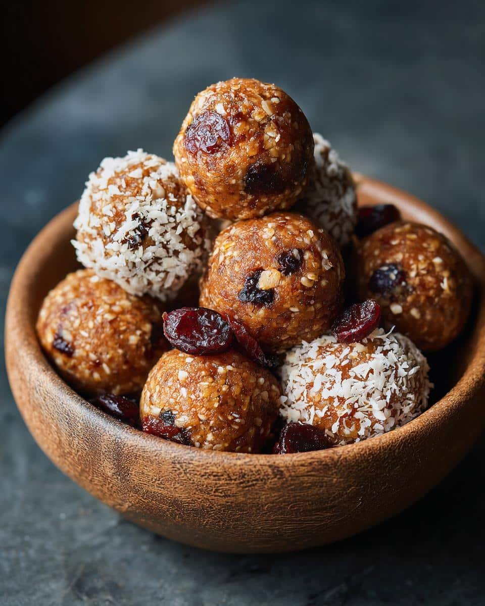 Ridiculously Easy Protein Balls in Just 10 Minutes 9 A wooden bowl filled with homemade protein balls, some rolled in coconut flakes and garnished with dried cranberries.