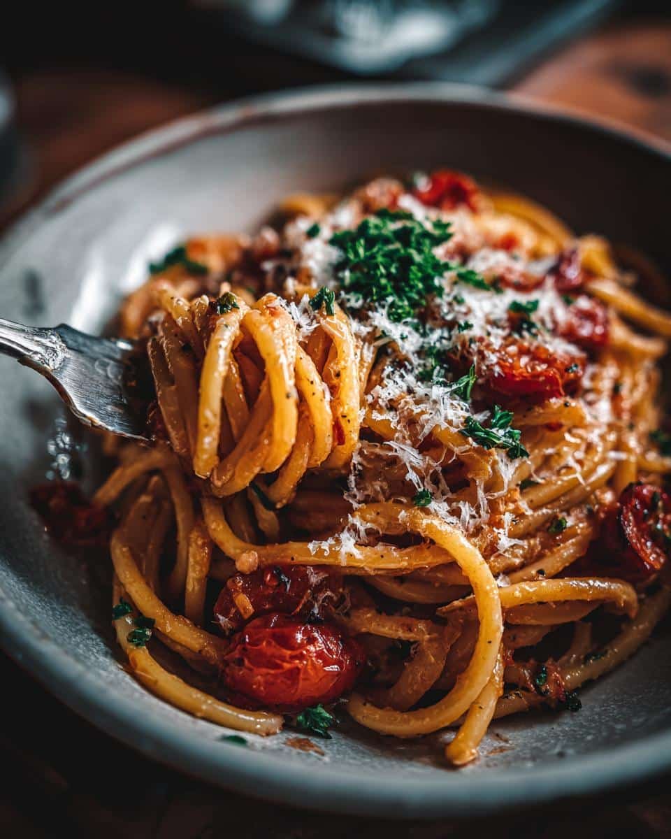 7 Glorious Easy Spring Pasta Dishes You'll Adore 8 Close-up of an easy spring pasta dish with roasted tomatoes, parmesan cheese, and fresh herbs on a fork.