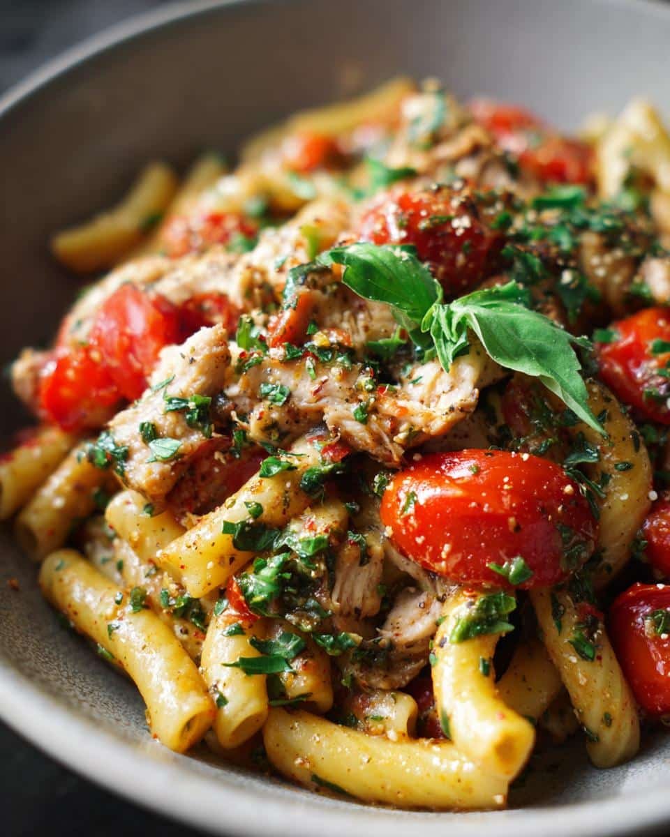 7 Glorious Easy Spring Pasta Dishes You'll Adore 6 Bowl of easy spring pasta dishes featuring ziti pasta, chicken, cherry tomatoes, and fresh herbs.
