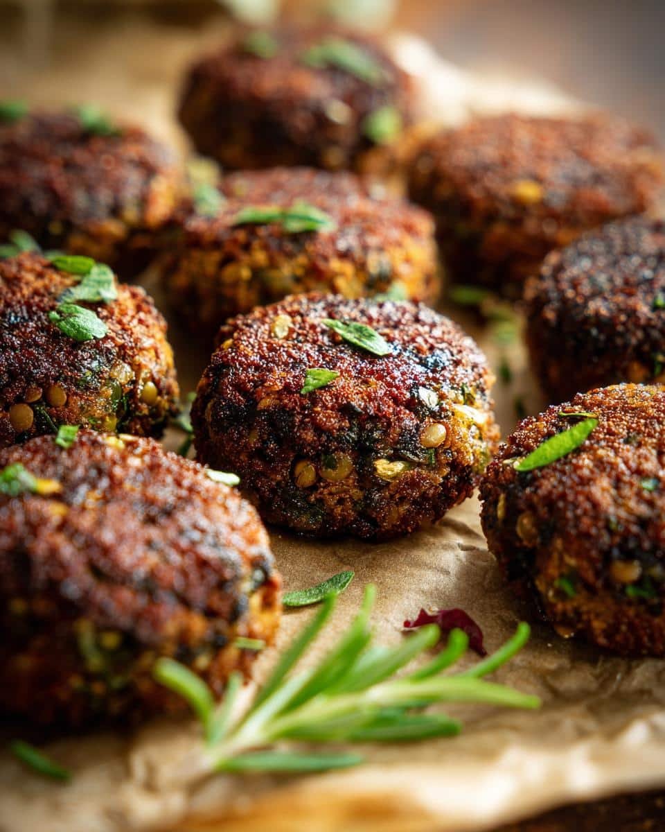 Easy Vegetarian Lentil Meatballs: 3-Step Recipe Triumph 9 Close-up of several Easy Vegetarian Lentil Meatballs, garnished with herbs, on parchment paper.