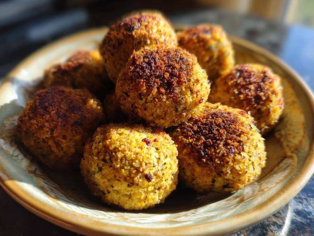 A plate of golden brown Easy Vegetarian Lentil Meatballs, ready to be served.