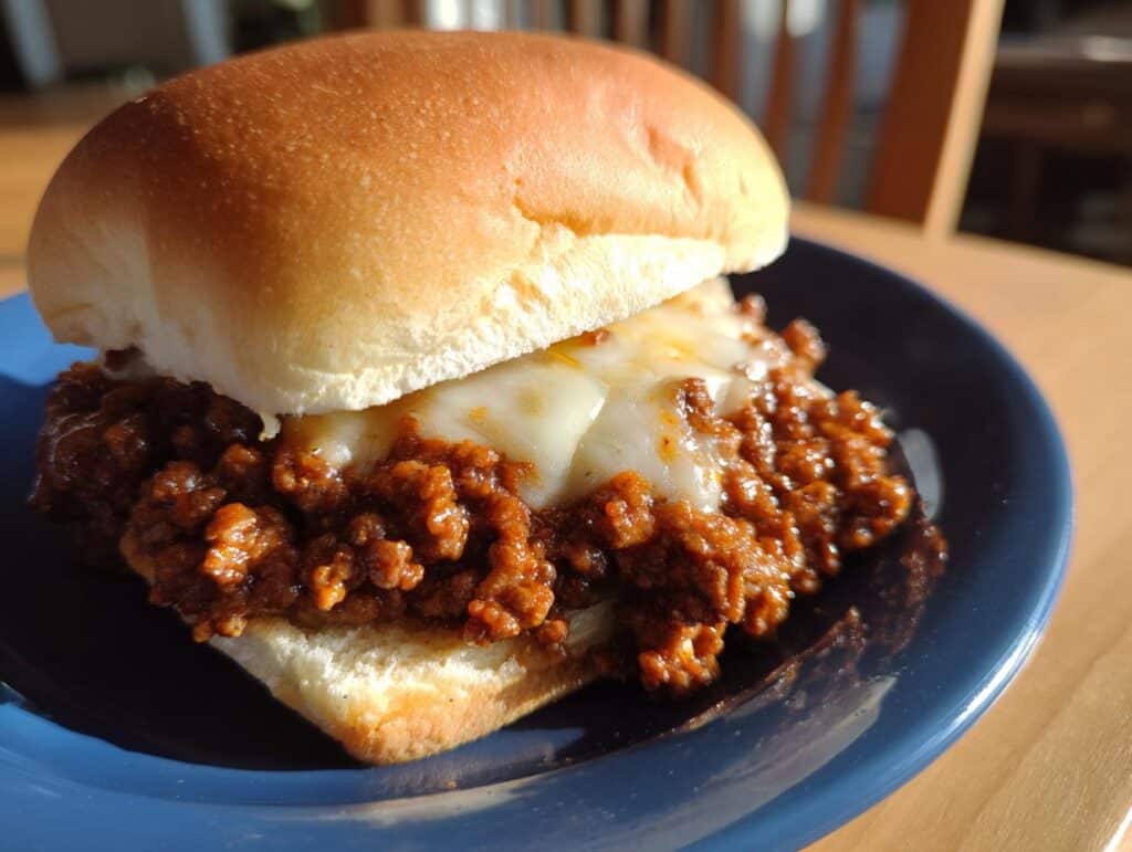 A delicious French Onion Beef Sloppy Joes sandwich with melted cheese on a blue plate.