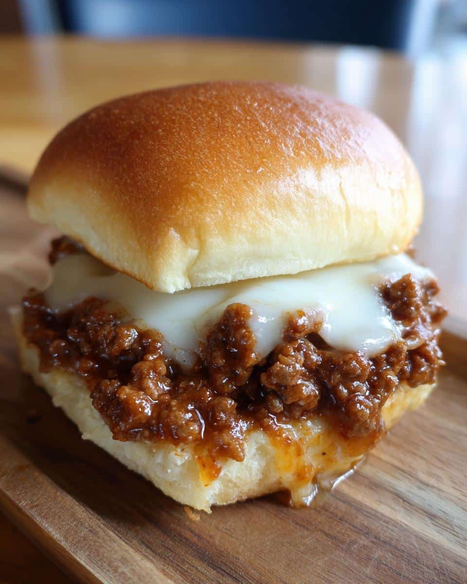 Unbelievable French Onion Beef Sloppy Joes in 20 Minutes 6 A close-up of a French Onion Beef Sloppy Joes sandwich with melted cheese on a wooden board.