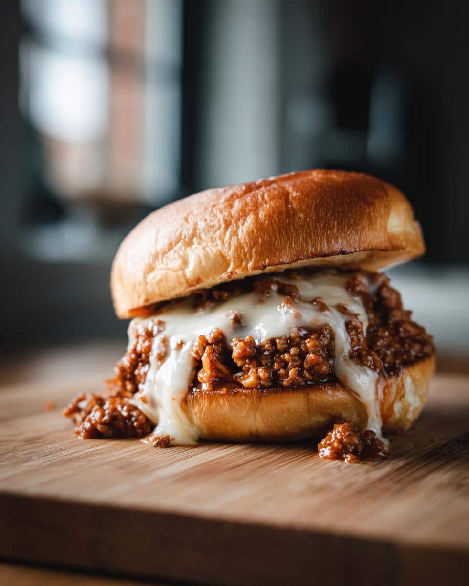 Unbelievable French Onion Beef Sloppy Joes in 20 Minutes 7 A delicious French Onion Beef Sloppy Joes sandwich with melted cheese on a wooden board.