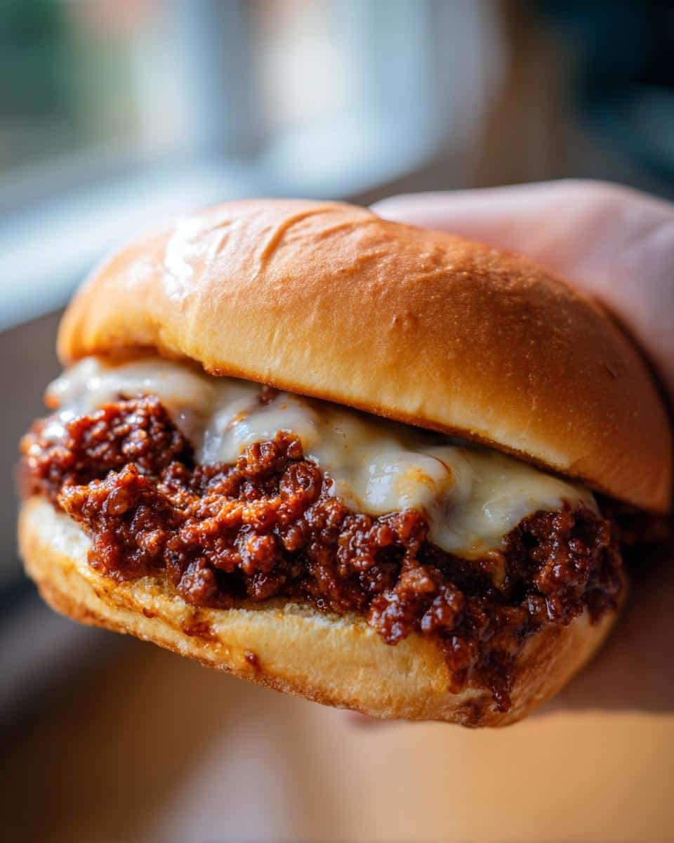 Unbelievable French Onion Beef Sloppy Joes in 20 Minutes 9 Close-up of a French Onion Beef Sloppy Joes sandwich with melted cheese on a brioche bun.