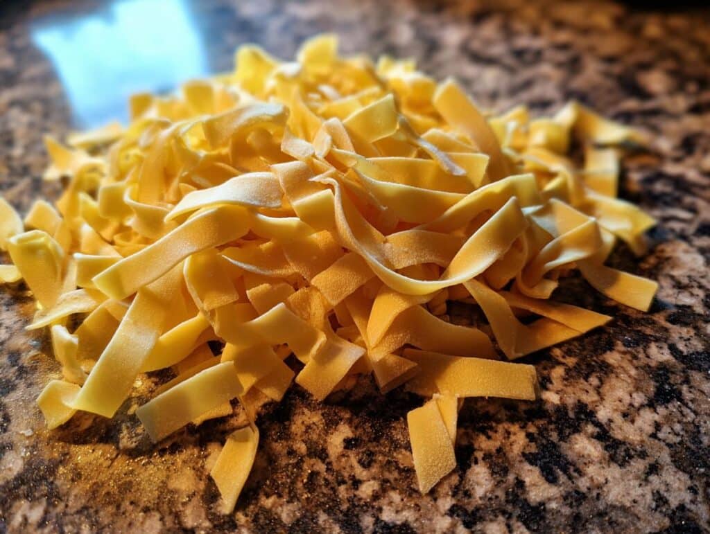 Close-up of fresh pasta, perfect for easy spring pasta dishes, piled on a granite countertop.
