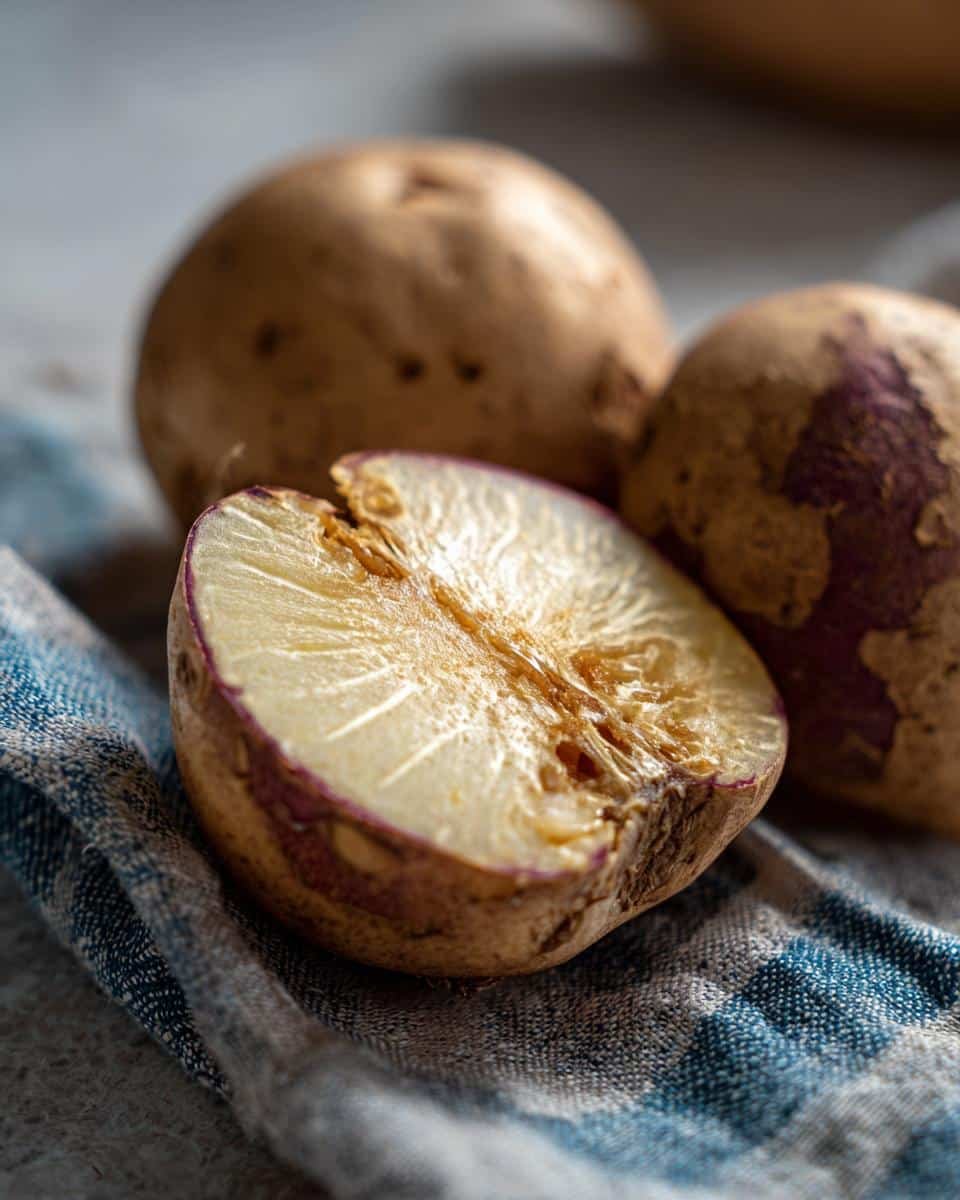 Grandma's Potato Soup: 4 Steps to Delicious Comfort 7 Close-up of fresh potatoes, one halved, on a blue and white towel for making potato soup.