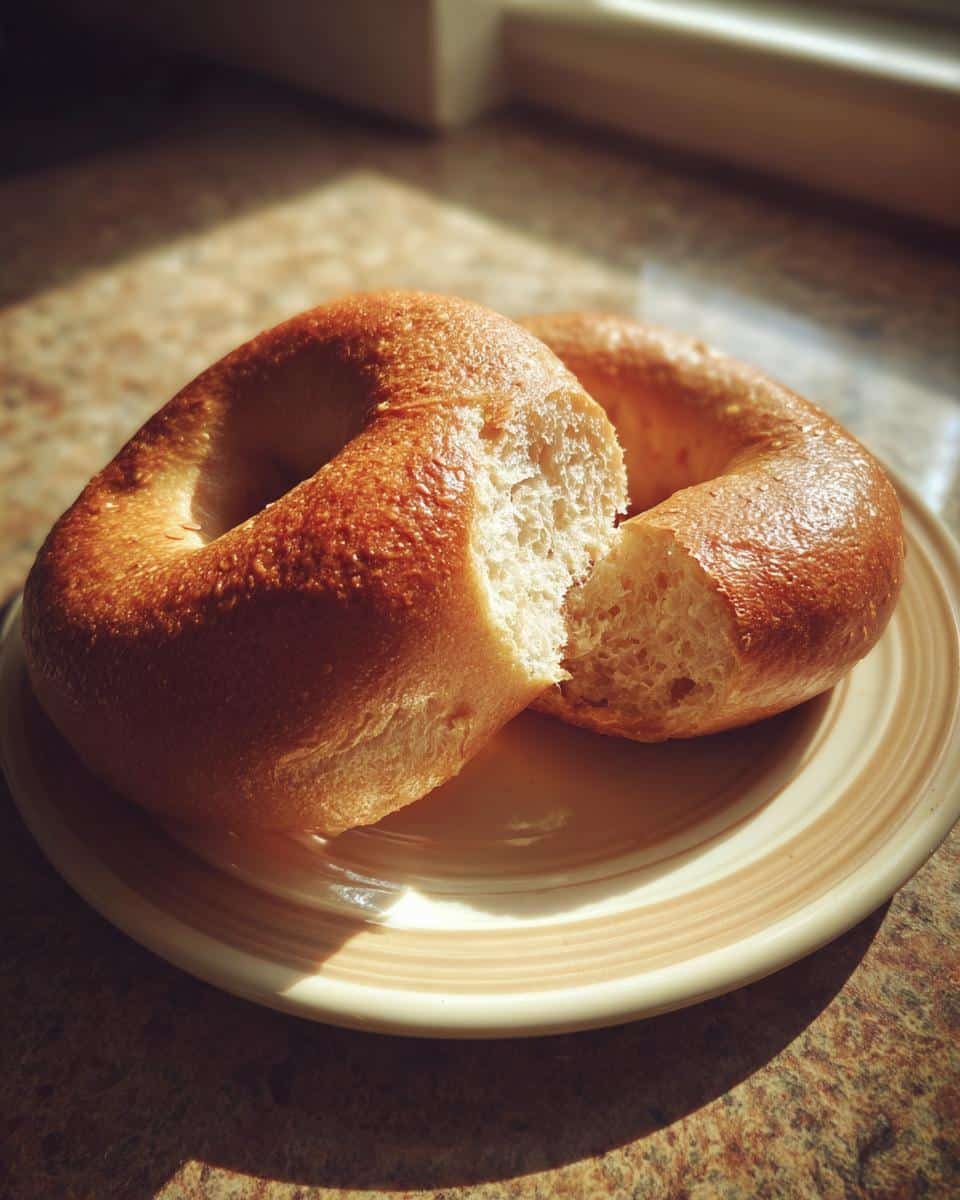 Unleash 15g Protein: Awesome Protein Bagels Recipe 7 A golden-brown protein bagel, torn in half, sits on a plate, showcasing its soft interior.