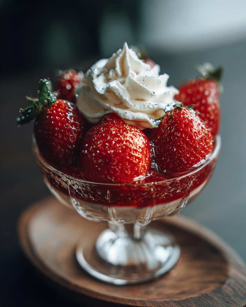 Devastatingly Easy Fresh Strawberry Recipes: Just 15 Mins 6 Crystal dish filled with fresh strawberry recipes dessert topped with whipped cream and silver sprinkles.
