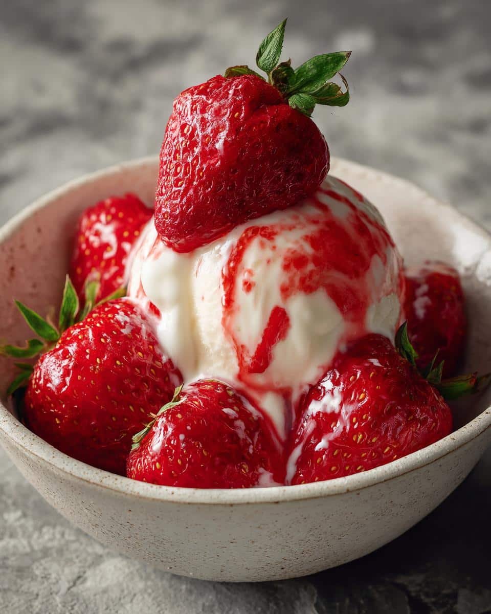 Devastatingly Easy Fresh Strawberry Recipes: Just 15 Mins 9 Bowl of ice cream with fresh strawberry recipes topping and whole strawberries around the scoop.