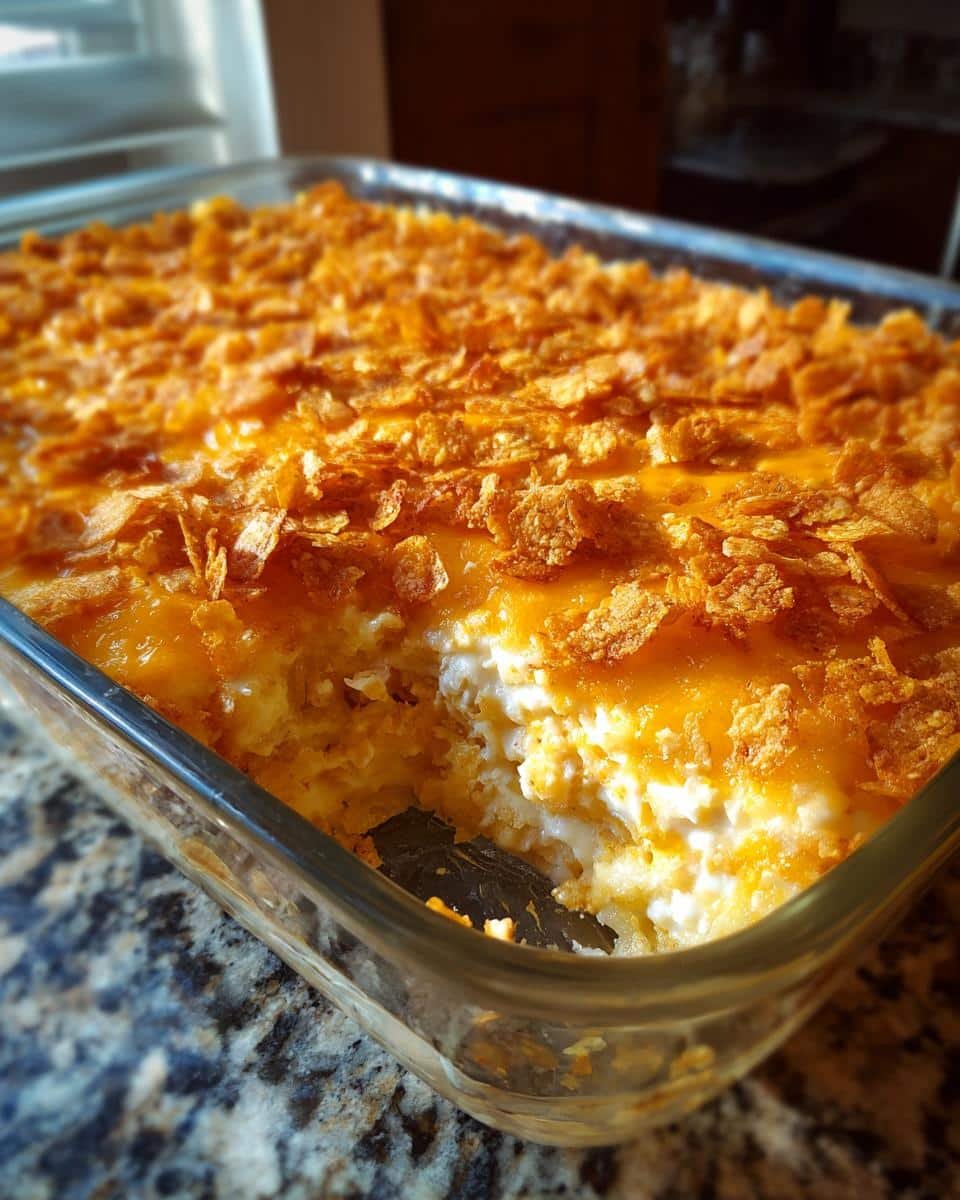 Unbelievably Easy Funeral Potatoes with Hashbrowns Recipe 8 Close up of funeral potatoes with hashbrowns in a glass baking dish, topped with a crispy cornflake topping.