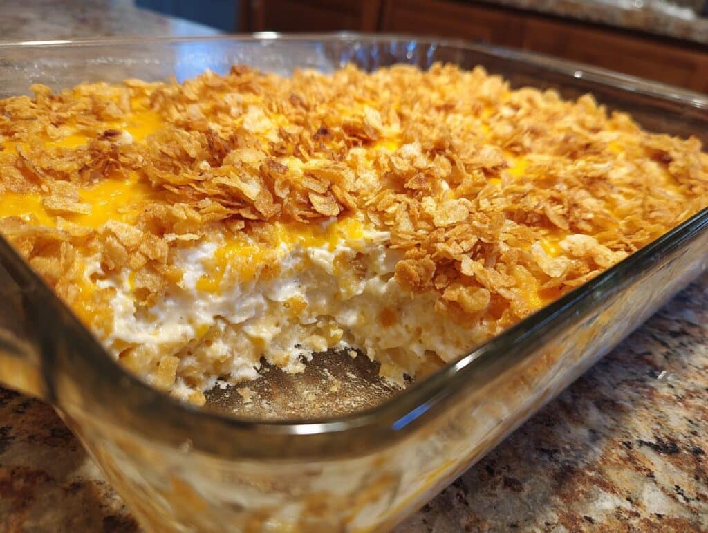 Close-up of funeral potatoes with hashbrowns in a glass baking dish, topped with cornflakes and cheese.