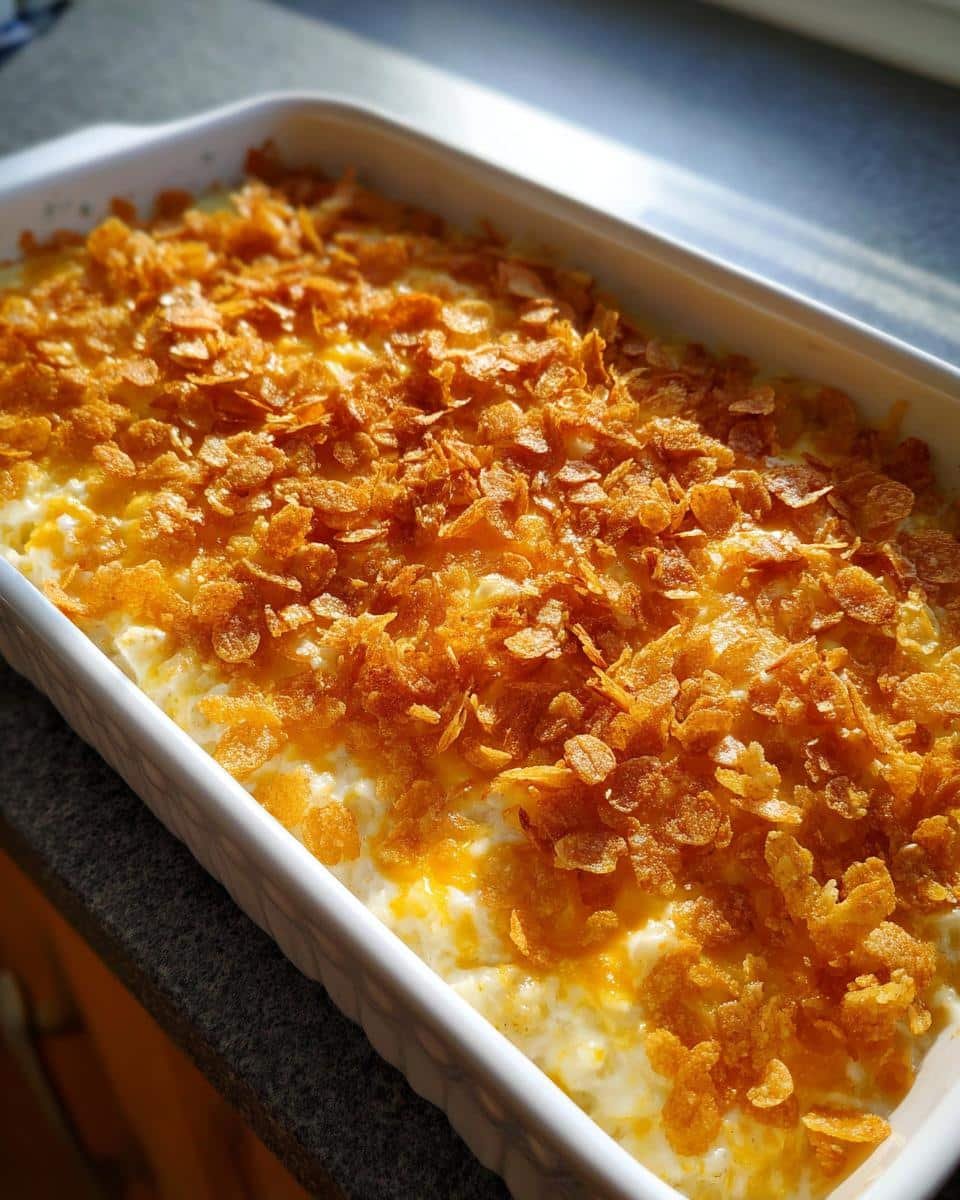 Unbelievably Easy Funeral Potatoes with Hashbrowns Recipe 6 Close up of funeral potatoes with hashbrowns in a white baking dish, topped with a crispy cornflake topping.
