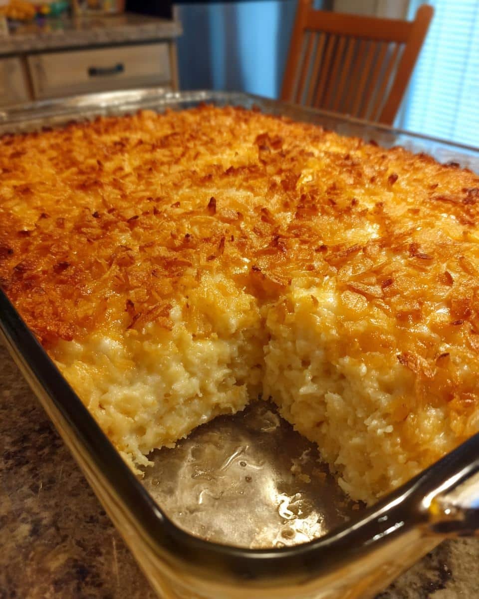 Unbelievably Easy Funeral Potatoes with Hashbrowns Recipe 7 Close-up of funeral potatoes with hashbrowns in a glass baking dish, showing the creamy interior and golden-brown topping.