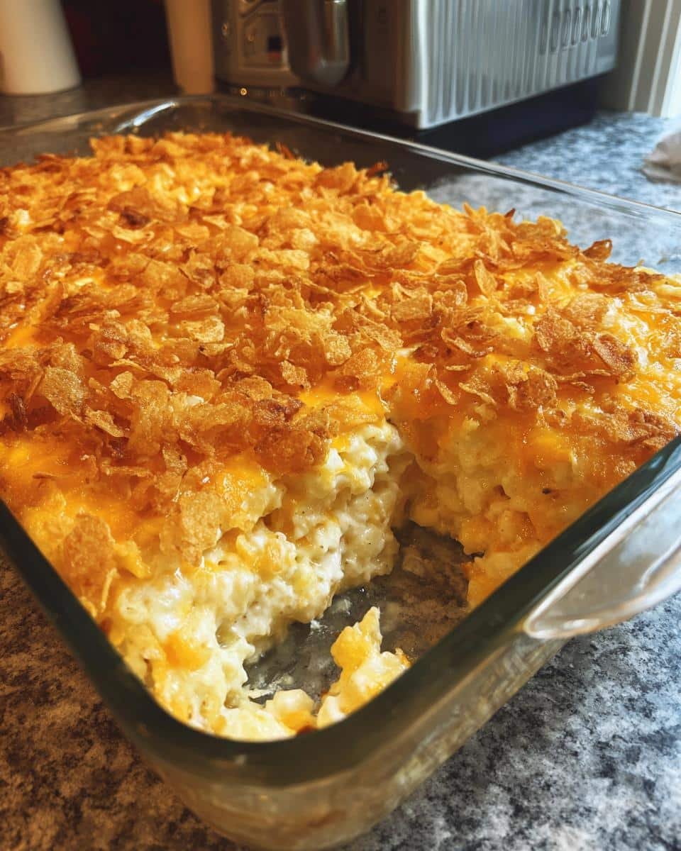 Unbelievably Easy Funeral Potatoes with Hashbrowns Recipe 9 Close up of funeral potatoes with hashbrowns in a glass baking dish, topped with cornflakes and cheese.