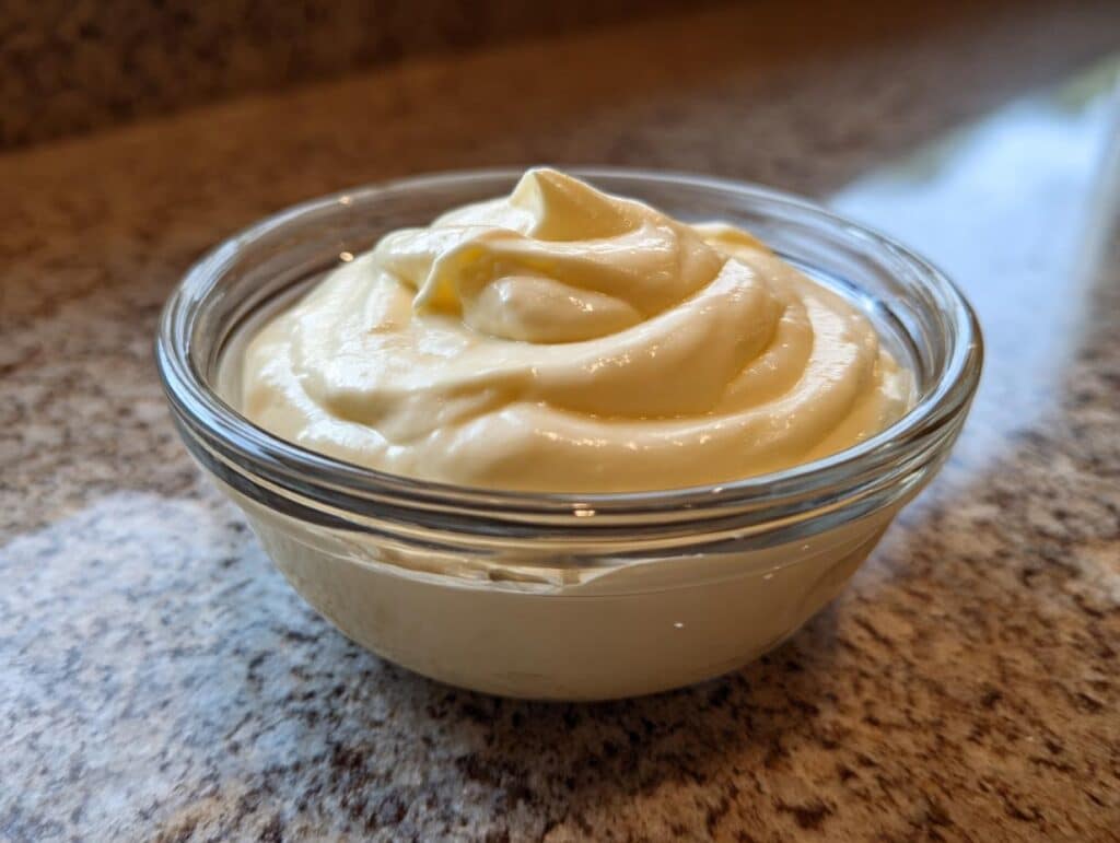 Close-up of creamy homemade Garlic Aioli served in a clear glass bowl on a countertop.