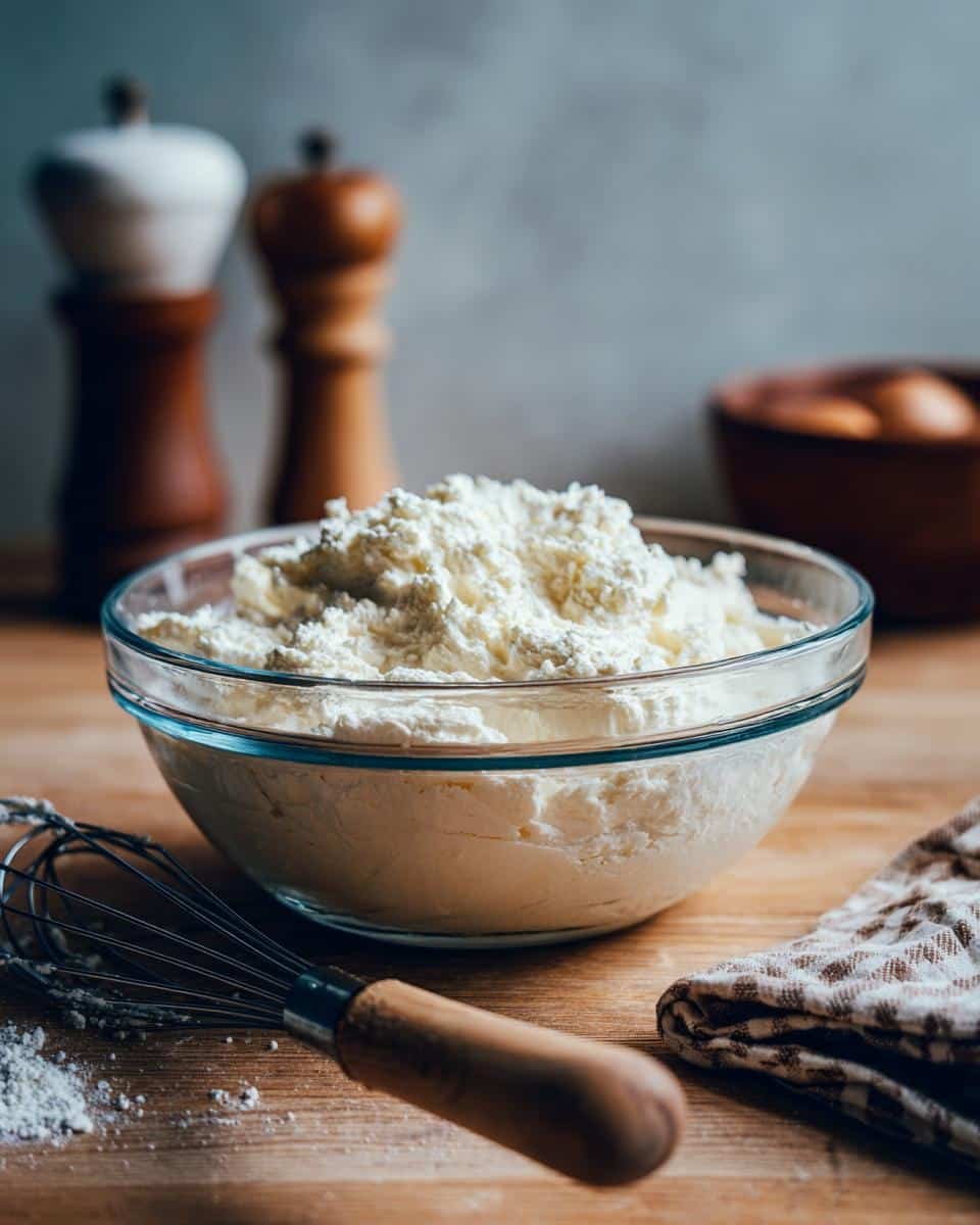 Devastatingly Delicious 5-Minute Garlic Aioli Recipe 9 Freshly made Garlic Aioli in a clear glass bowl, with a whisk and kitchen towel on a wooden surface.