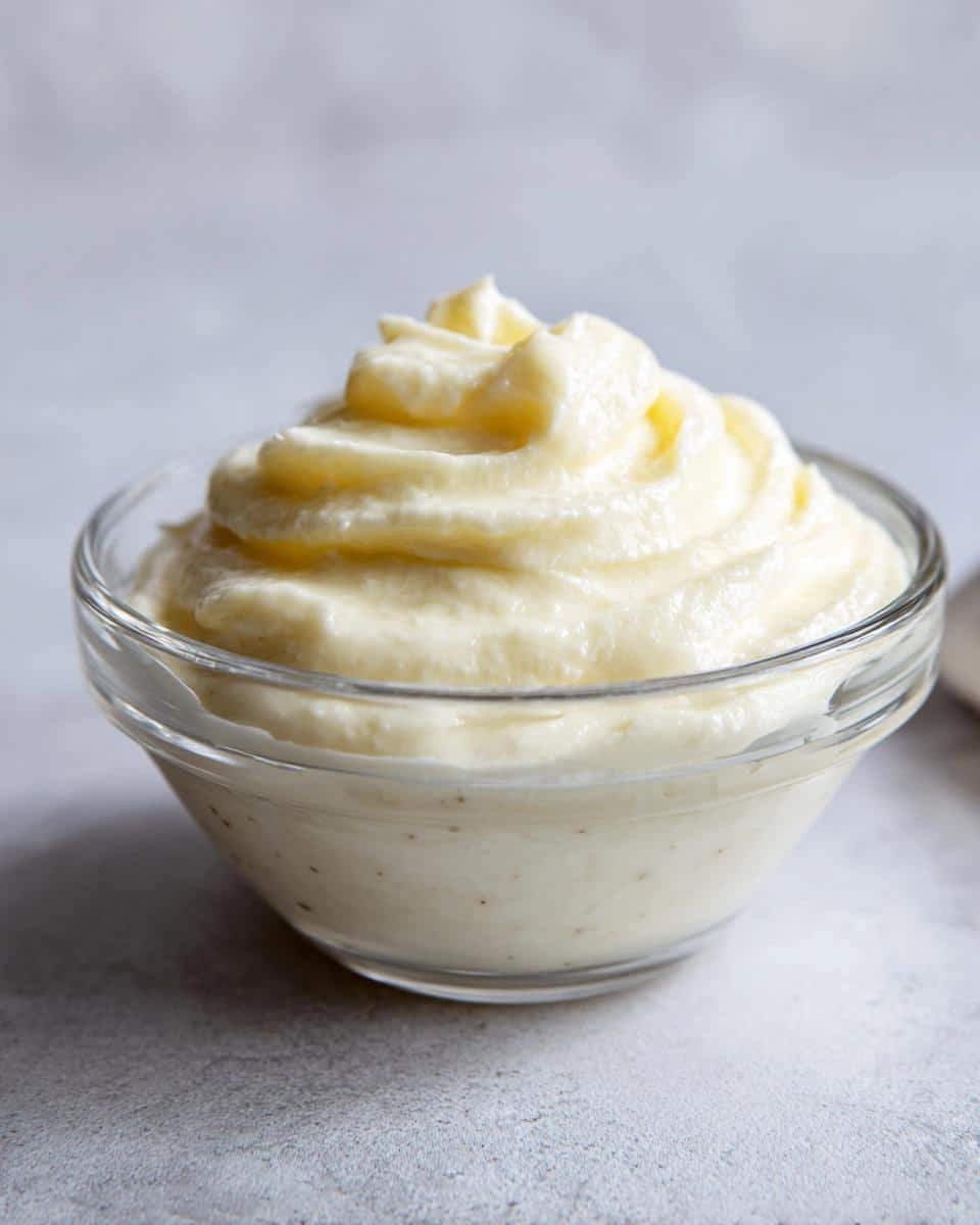 Devastatingly Delicious 5-Minute Garlic Aioli Recipe 8 Close-up of creamy homemade Garlic Aioli served in a clear glass bowl, ready to enjoy.