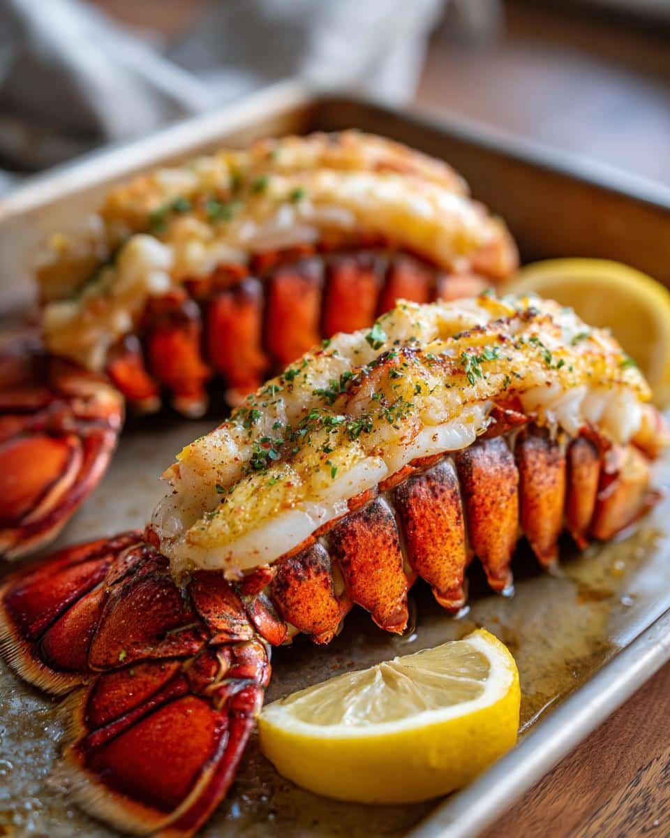 Garlic Butter Lobster Tails: 30 Minute Decadence 6 Two Garlic Butter Lobster Tails on a baking sheet, garnished with lemon wedges and fresh herbs.
