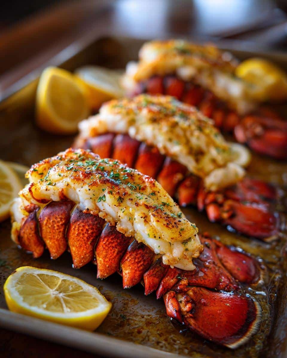 Garlic Butter Lobster Tails: 30 Minute Decadence 7 Three Garlic Butter Lobster Tails on a baking sheet, garnished with lemon wedges and fresh herbs.