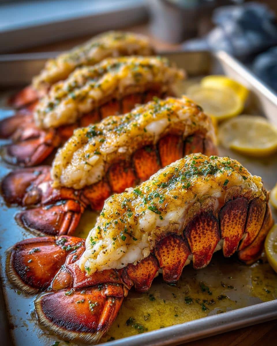 Garlic Butter Lobster Tails: 30 Minute Decadence 9 Close-up of Garlic Butter Lobster Tails on a baking sheet, garnished with lemon slices and fresh herbs.