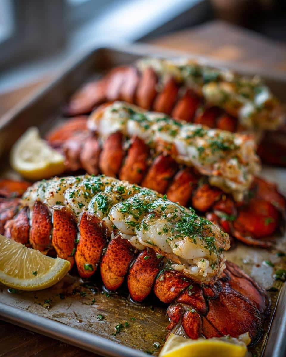 Garlic Butter Lobster Tails: 30 Minute Decadence 8 Three Garlic Butter Lobster Tails on a baking sheet, garnished with fresh herbs and lemon wedges.