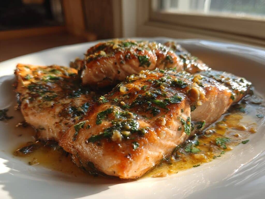 Three Garlic Butter Salmon fillets on a white plate, glistening with sauce and herbs.