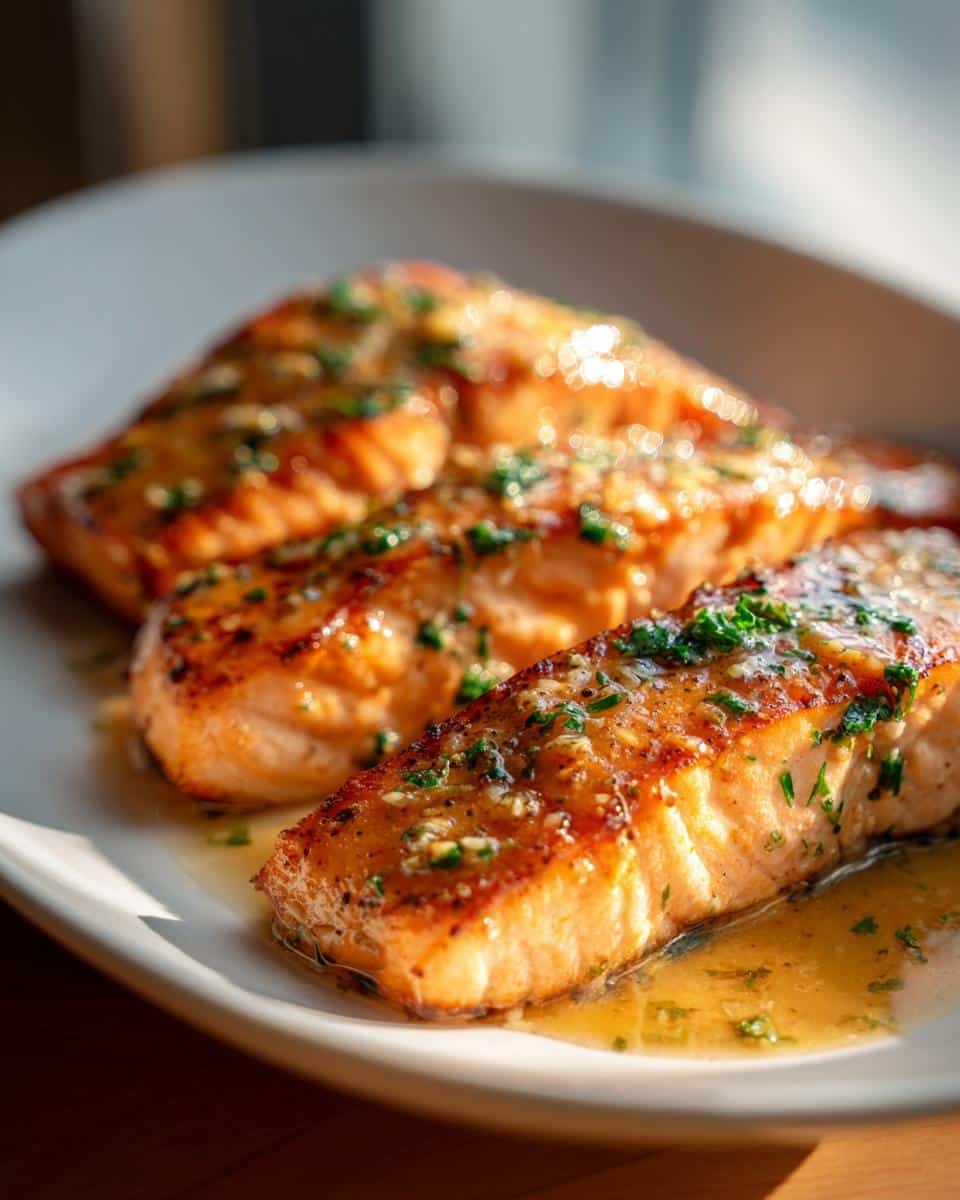 Delicious Garlic Butter Salmon in 15 Minutes, I Swear 6 Three fillets of Garlic Butter Salmon on a white plate, drizzled with sauce and garnished with herbs.