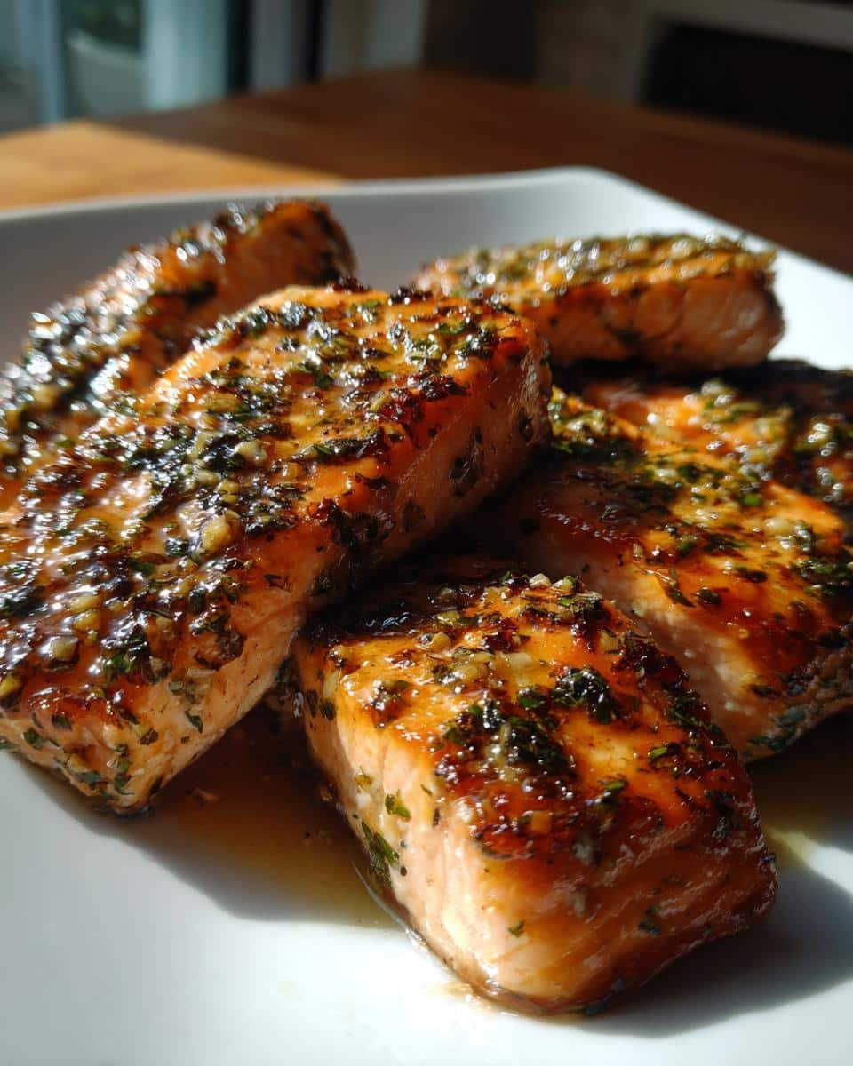 Delicious Garlic Butter Salmon in 15 Minutes, I Swear 7 Close-up of Garlic Butter Salmon fillets on a white plate, glistening with garlic, butter, and herbs.