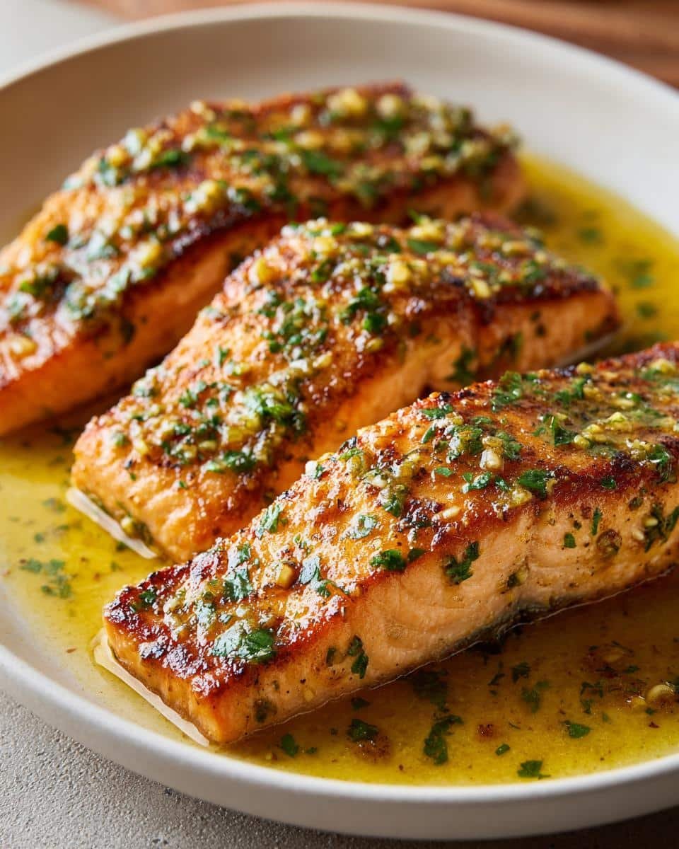 Delicious Garlic Butter Salmon in 15 Minutes, I Swear 8 Three fillets of Garlic Butter Salmon on a plate, swimming in a savory butter sauce and garnished with fresh herbs.