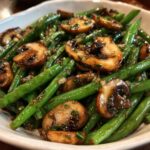 Close-up of Garlic Butter Sautéed Green Beans and Mushrooms in a white bowl.