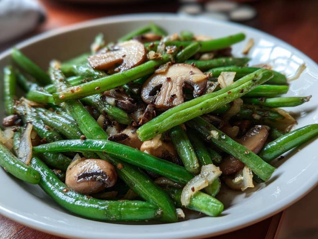 A bowl of Garlic Butter Sautéed Green Beans and Mushrooms, a delicious and quick side dish.