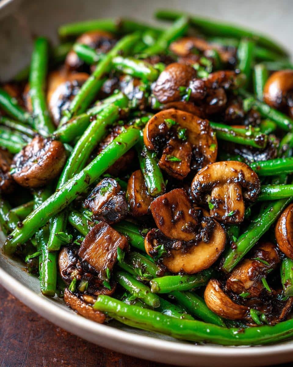 Irresistible Garlic Butter Sautéed Green Beans in 15 Mins 6 Close-up of Garlic Butter Sautéed Green Beans and Mushrooms, glistening with sauce and garnished with herbs.
