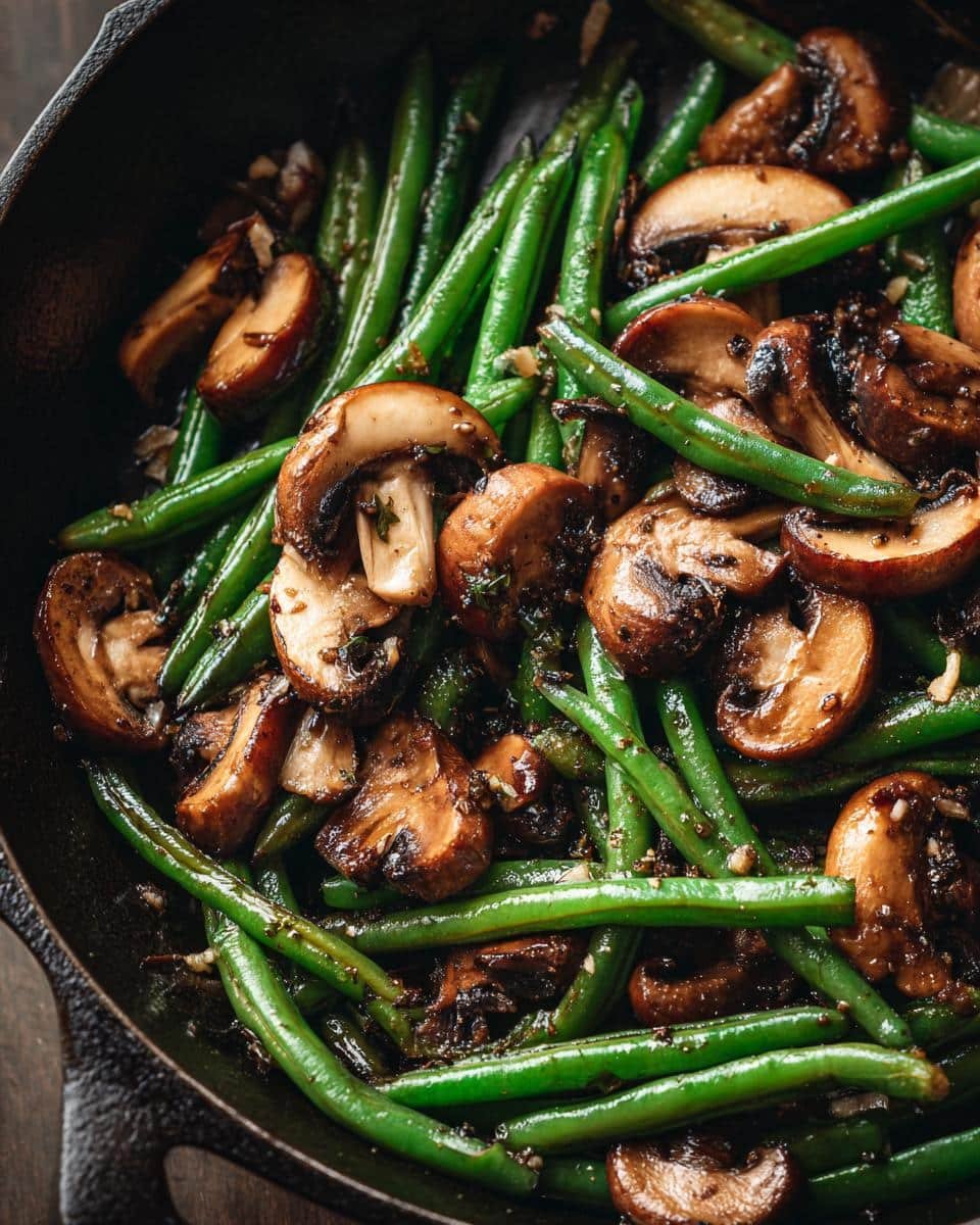 Irresistible Garlic Butter Sautéed Green Beans in 15 Mins 7 Close-up of Garlic Butter Sautéed Green Beans and Mushrooms in a skillet, showcasing the vibrant colors and textures.