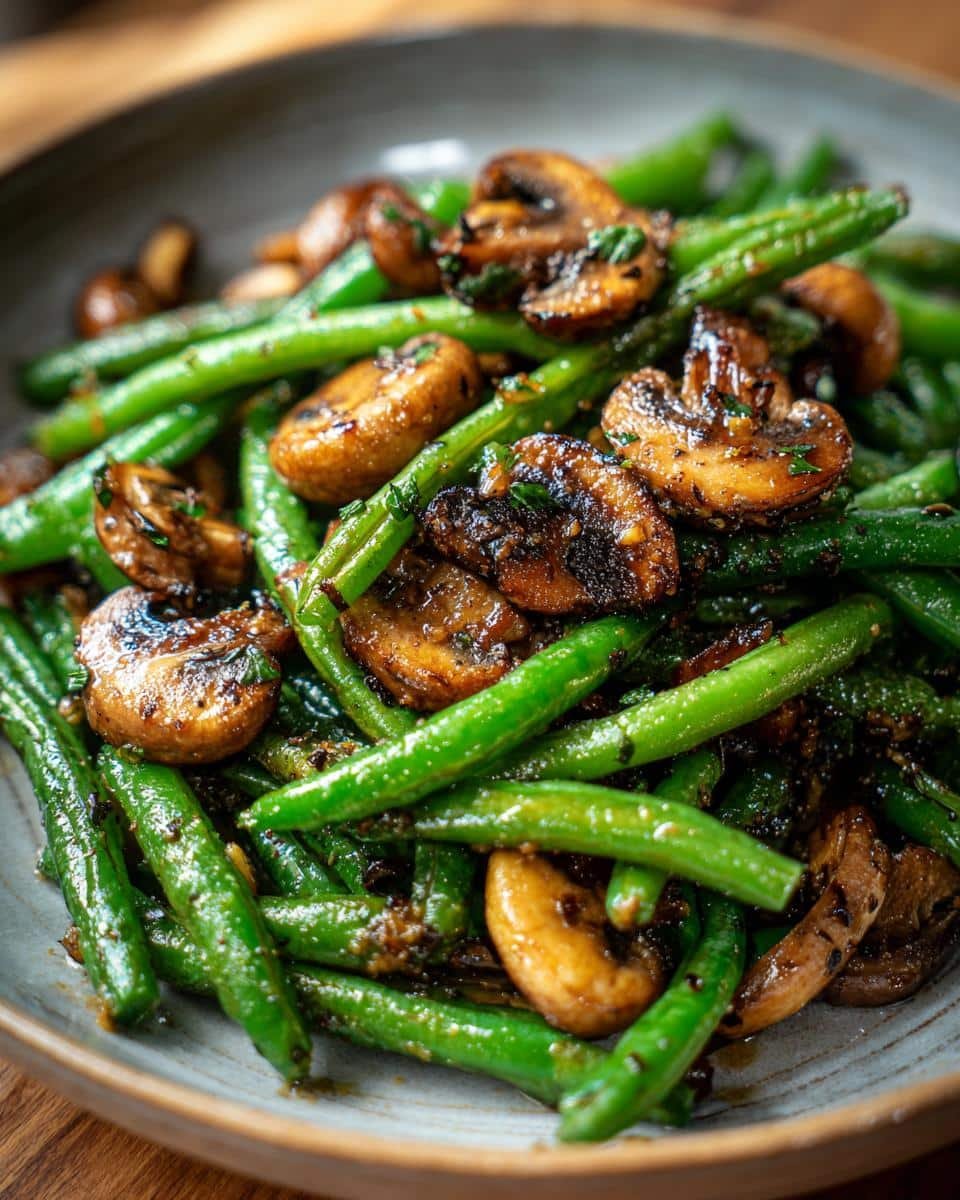 Irresistible Garlic Butter Sautéed Green Beans in 15 Mins 9 Close-up of Garlic Butter Sautéed Green Beans and Mushrooms in a bowl, garnished with fresh herbs.