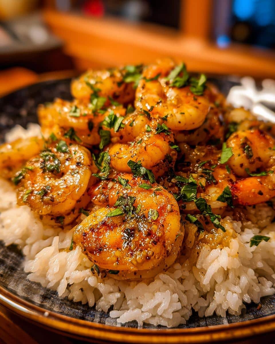 Amazing 15-Minute Garlic Butter Shrimp with Rice 9 A bowl of Garlic Butter Shrimp with Rice, garnished with fresh herbs. Ready in 15 minutes!